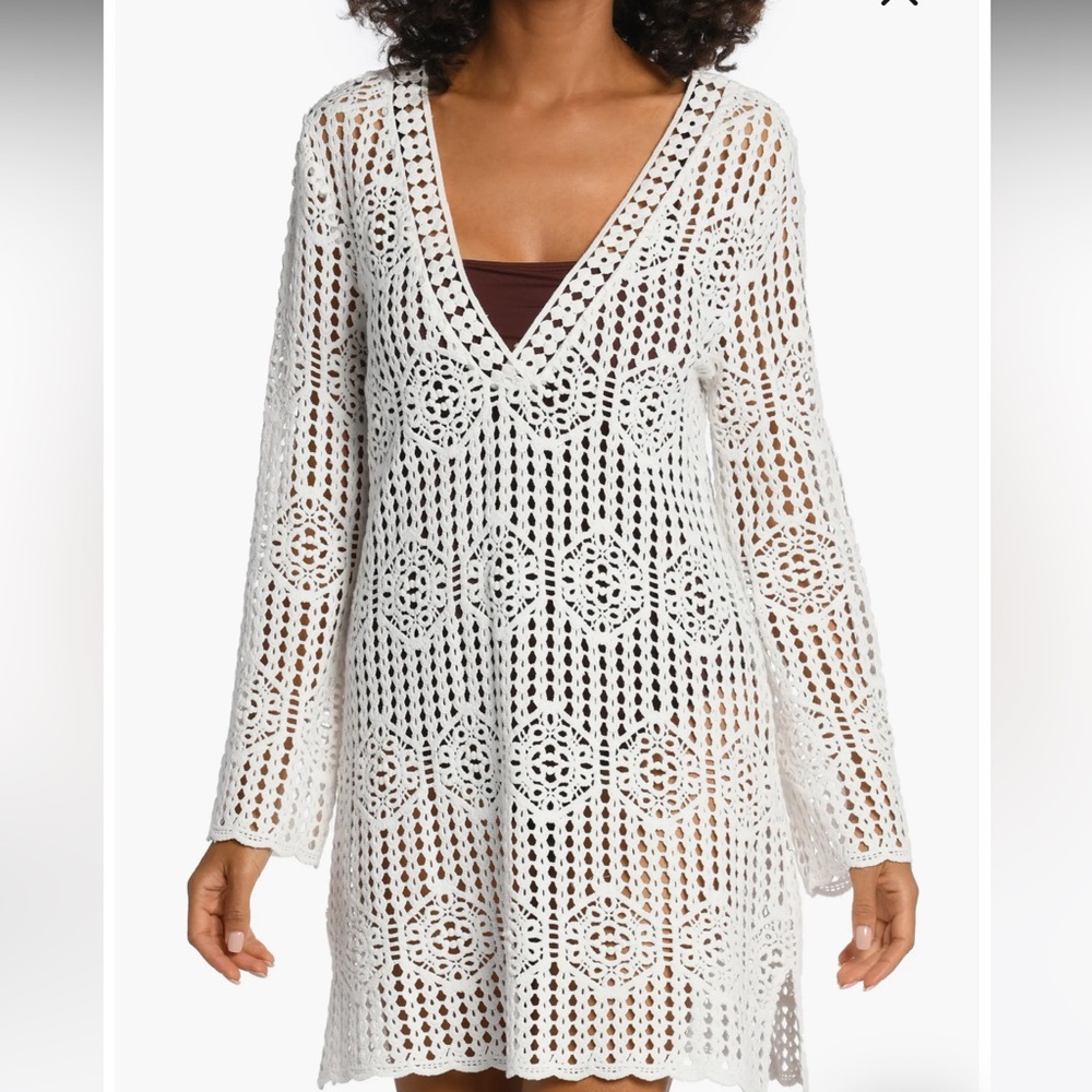New without Tags La Blanca Ivory Crochet Long Sleeve Swim Coverup Dress